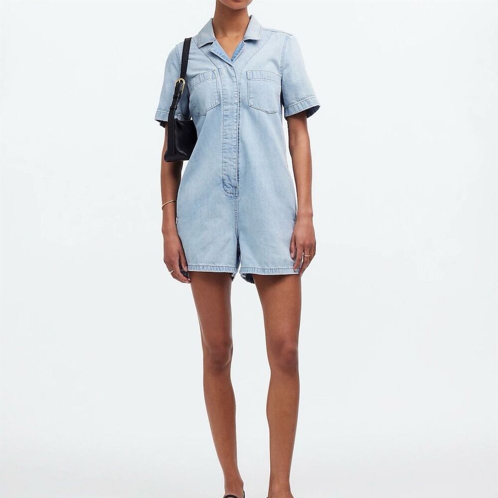 NWT Madewell Women's Denim Utility Romper Light Wash Size L Casual Short Sleeve